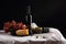 Bottle of wine, olives, grapes and cheese on dark background