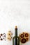 Bottle of wine and spice on white background. Ingredients for a mulled wine