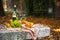 A bottle of wine and two glasses, on a picnic. Autumn leaves in the garden. Romantic Party on the street. Free space for text.
