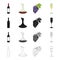 A bottle of wine, a vessel with alcohol, a branch of grapes, a glass of wine. Winemaking set collection icons in cartoon