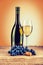 Bottle of wine and wineglass with branch of grape on burlap inst