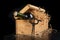 A bottle of wine in a wooden box. A tasty alcoholic drink in an elegant package