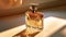 Bottle of woman perfume on a pastel beige background. Mockup of gold fragrance perfume bottle. Generative AI