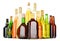 Bottles of assorted alcoholic beverages on white