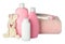 Bottles of baby cosmetic products, towel and toy bunny on white background