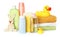 Bottles of baby cosmetic products, towels and toys on white background