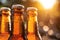 Bottles with beer on blurred background on sunset. Craft beer. Picnic, party, beer festival. Brewing