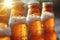 Bottles with beer on blurred background on sunset. Craft beer. Picnic, party, beer festival. Brewing