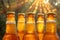 Bottles with beer on blurred background on sunset. Craft beer. Picnic, party, beer festival. Brewing