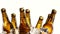 Bottles with beer, light from the sun falls on the dark glass bottles. White background. Close up