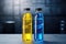 Bottles of blue and yellow Isotonic energy drink