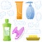 Bottles of body and hair care and beauty products