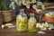 Bottles of chamomile essential oil or infusion, plucked daisy flowers, old books, bunch of chamomile and bowl of daisy flowers.