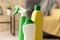 Bottles of cleaning detergents indoors