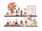 Bottles with cleansing and moisturizing cosmetics products on bathroom shelves. Cream tubes, shower gel, shampoo and