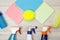 Bottles of detergent, color microfiber napkins, synthetic sponge and brushes for cleaning
