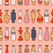 Bottles different coloured seamless pink pattern