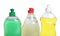 Bottles with different detergents on white background