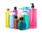 Bottles of different personal hygiene products on white background