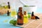 Bottles with essential oils on mat