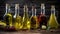 Bottles of fresh extra virgin olive oil with various ingredients on a rustic background, generative AI.