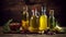 Bottles of fresh extra virgin olive oil with various ingredients on a rustic background, generative AI.