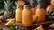 Bottles of fresh sweet pineapple juice on table and pineapple harvest plantation field background.Macro.AI Generative