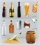 Bottles and glasses alcohol drink. Vector icons set