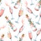Bottles and glasses with pink champagne, with festive ribbons. Watercolor illustration. Seamless pattern on a white
