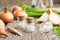 Bottles of homeopathic globules, onion bulbs and fresh green onions. Allium cepa homeopathic remedies