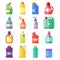 Bottles of household chemicals supplies cleaning housework plastic detergent liquid domestic fluid cleaner pack vector