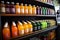 Bottles of natural sodas, tonics, milks, juices and probiotic beverages. Every choice highlights novel options for natural