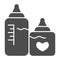 Bottles with nipples solid icon. Two plastic feeding bottle for newborn with milk glyph style pictogram on white