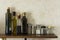 Bottles of oils, jars of condiments, salt, spices