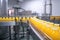 Bottles of orange juice on conveyor belt in modern beverage factory, Fruit juice factory production line with beverage, AI