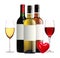 Bottles of red, pink and white wine and wineglasses isolated