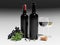 Bottles of red and wine glasses. Grape on black background. Mock up. 3d illustration.