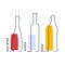 Bottles red wine vodka beer in row. Continuous line object on white background. Black thin outline and color fill. Modern flat