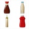 Bottles sauce set. Soy Mustard Ketchup Creamy sauces. Food template, mock up plastic packaging, glass bottle. Vector