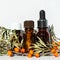 Bottles of sea buckthorn oil with a branch of sea buckthorn berries and a copy space.
