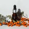 Bottles of sea buckthorn oil with a sprig of sea buckthorn berries.