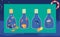 Bottles with sea and ocean symbols, underwater creatures and fish, vector illustration