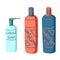 Bottles shampoo conditioner liquid soap set. Hand drawn flat cosmetics vial for hair and body care. Bathroom daily routine items.