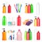 Bottles shampoo, towels, toothbrushes and nail pol