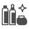 Bottles and shining star solid icon, dry cleaning concept, washing agents vector sign on white background, glyph style