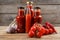 Bottles with tasty tomato sauces and on wooden table