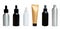 Bottles and tubes with cosmetics without labels in gold, white, black and silver. Set, collage. Medicine, cosmetology and self-