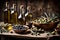 Bottles of virgin olive oil and olives