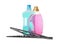 Bottles of windshield washer fluids and wipers on white background