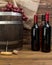 bottles wine with barrel. High quality photo